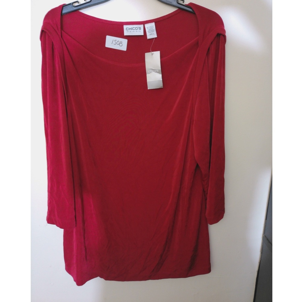 Chico's Travelers Top Women Size 3 Red Long Sleeve Slinky Scoop Neck 1508